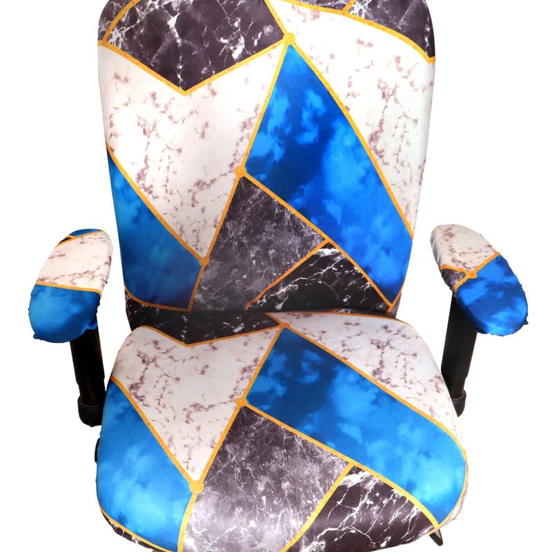 ELEGANTA Stretchable Office Chair Covers with Arm Rest Covers | Removable | Washable | White & Teal Marble