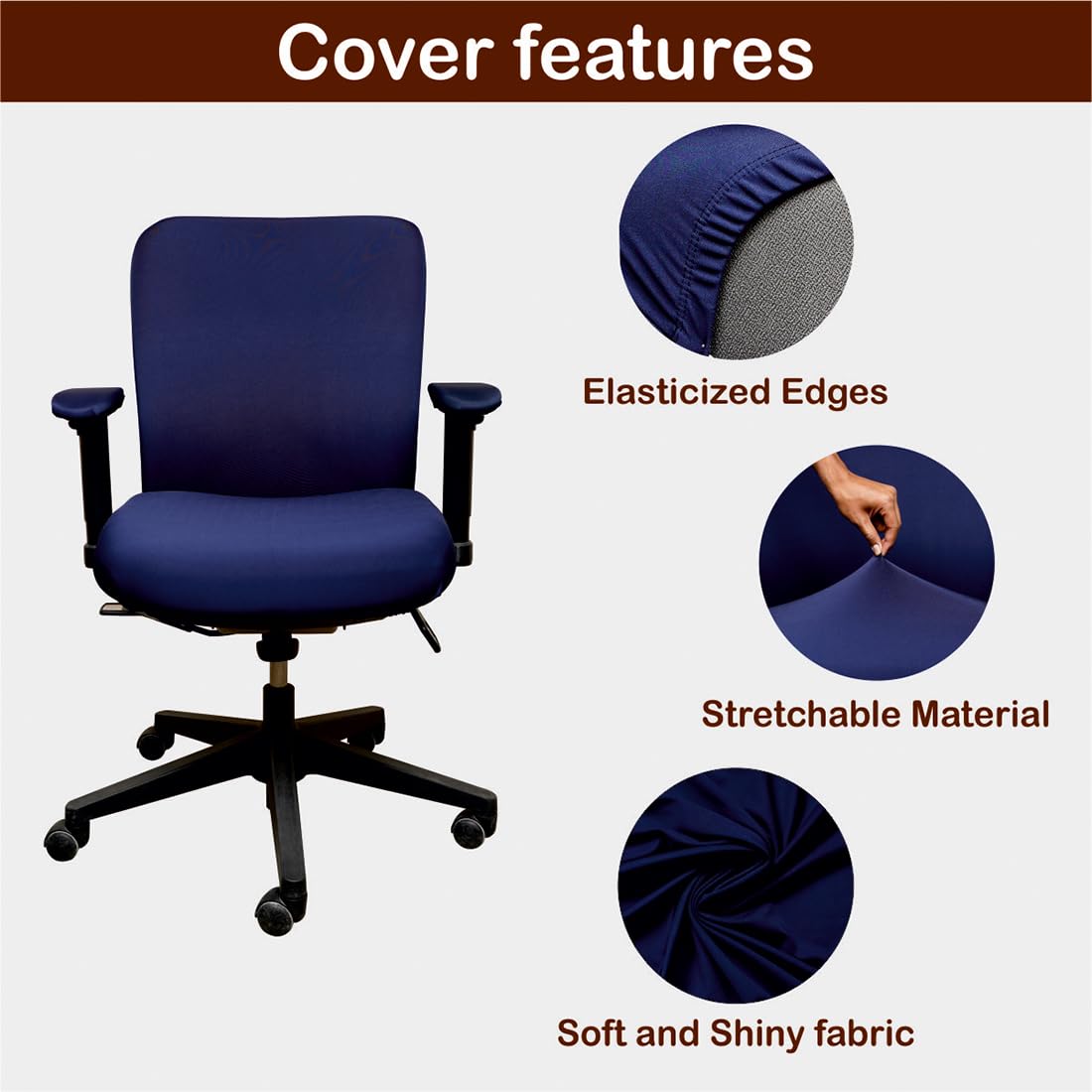 ELEGANTA Stretchable Office Chair Covers with Arm Rest Covers | Removable | Washable | Navy Blue