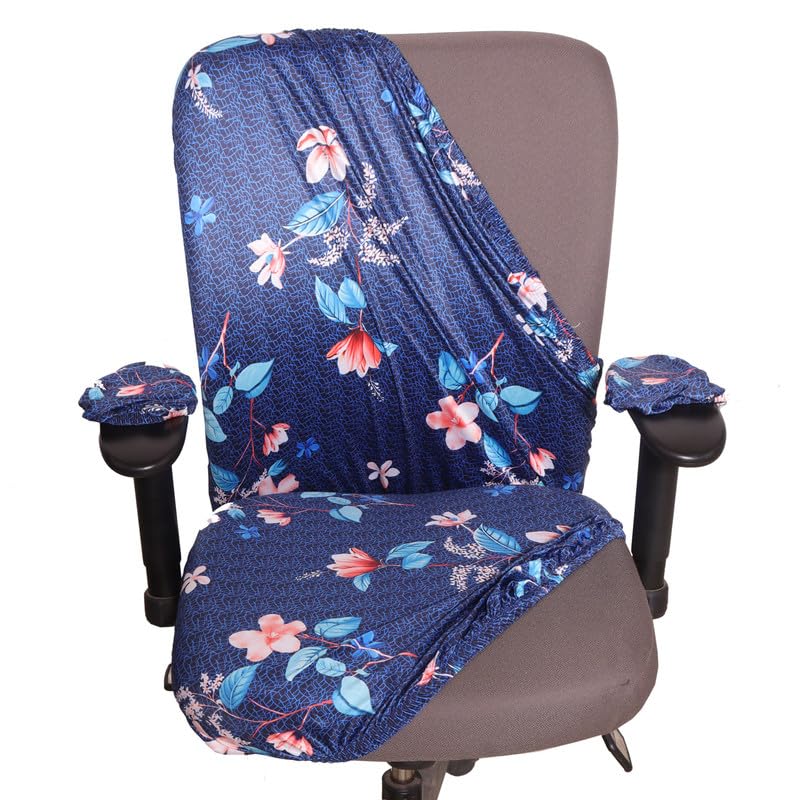 ELEGANTA Stretchable Office Chair Covers with Arm Rest Covers | Removable | Washable | Dark Blue Lotus