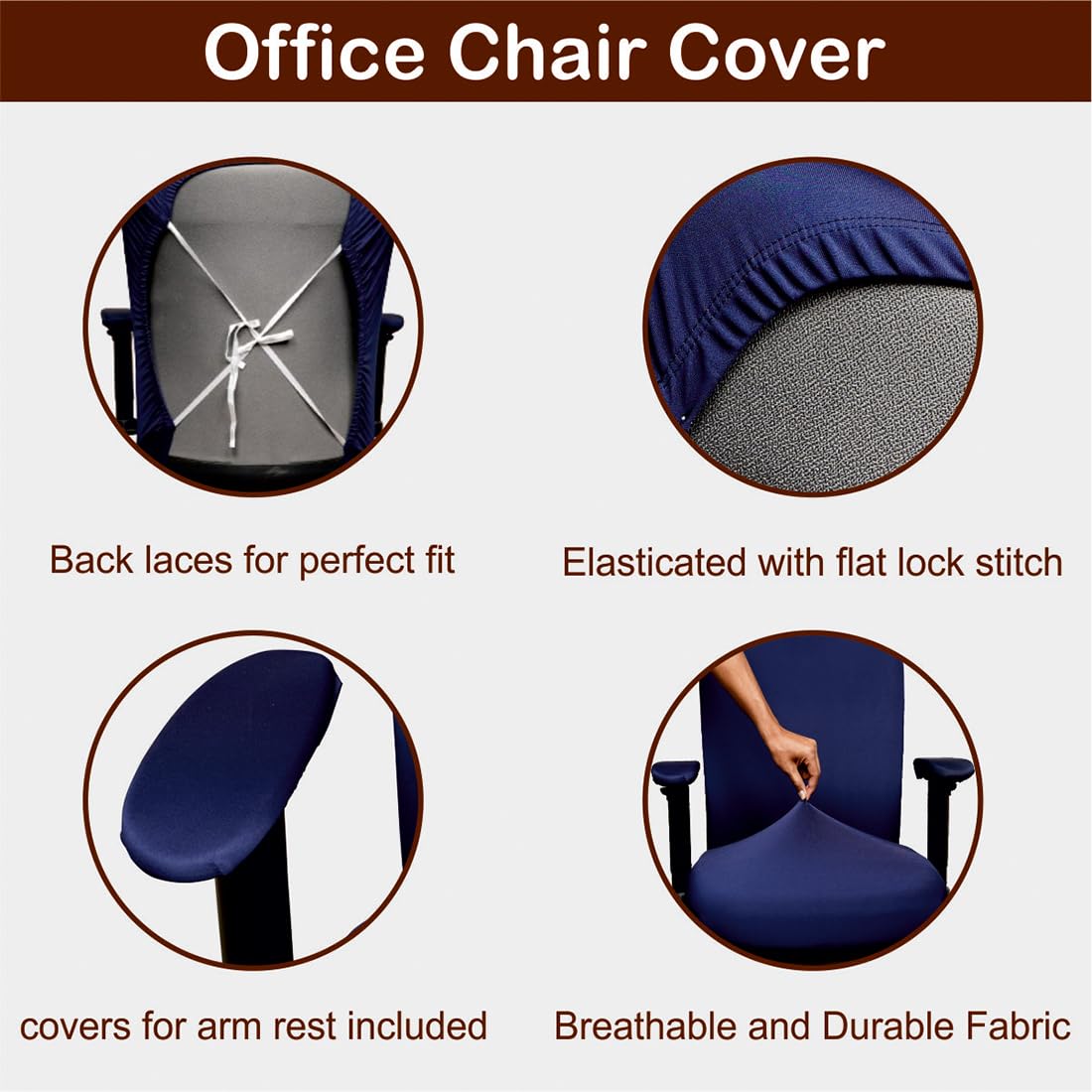 ELEGANTA Stretchable Office Chair Covers with Arm Rest Covers | Removable | Washable | Navy Blue