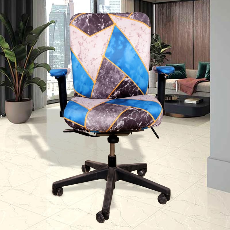 ELEGANTA Stretchable Office Chair Covers with Arm Rest Covers | Removable | Washable | White & Teal Marble