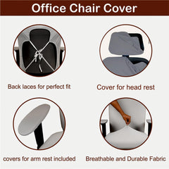 ELEGANTA Stretchable Office Chair Cover Set with Headrest & Armrest Covers | Soft & Washable Office Computer Desk Chair Slipcover | Solid Grey