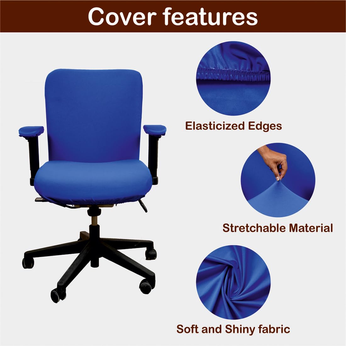 ELEGANTA Stretchable Office Chair Covers with Arm Rest Covers | Removable | Washable | Royal Blue