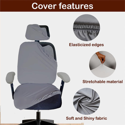 ELEGANTA Stretchable Office Chair Cover Set with Headrest & Armrest Covers | Soft & Washable Office Computer Desk Chair Slipcover | Solid Grey