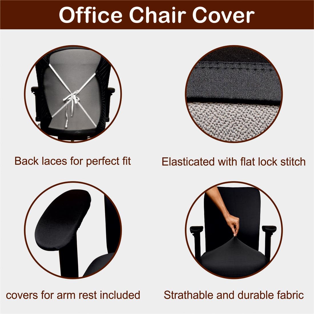 ELEGANTA Stretchable Office Chair Covers with Arm Rest Covers | Removable | Washable | Solid Black