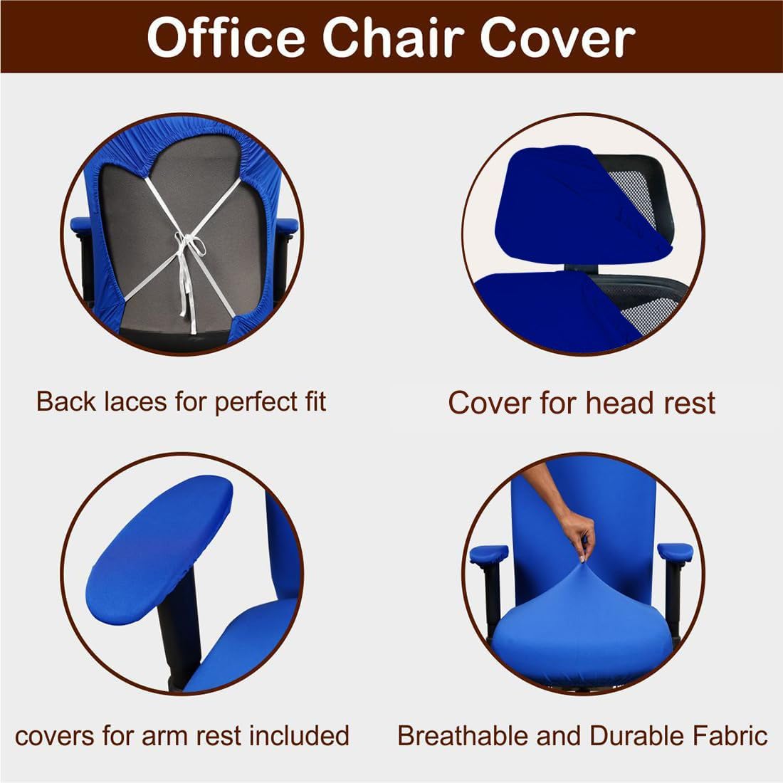 ELEGANTA Stretchable Office Chair Cover Set with Headrest & Armrest Covers | Soft & Washable Office Computer Desk Chair Slipcover | Royal Blue