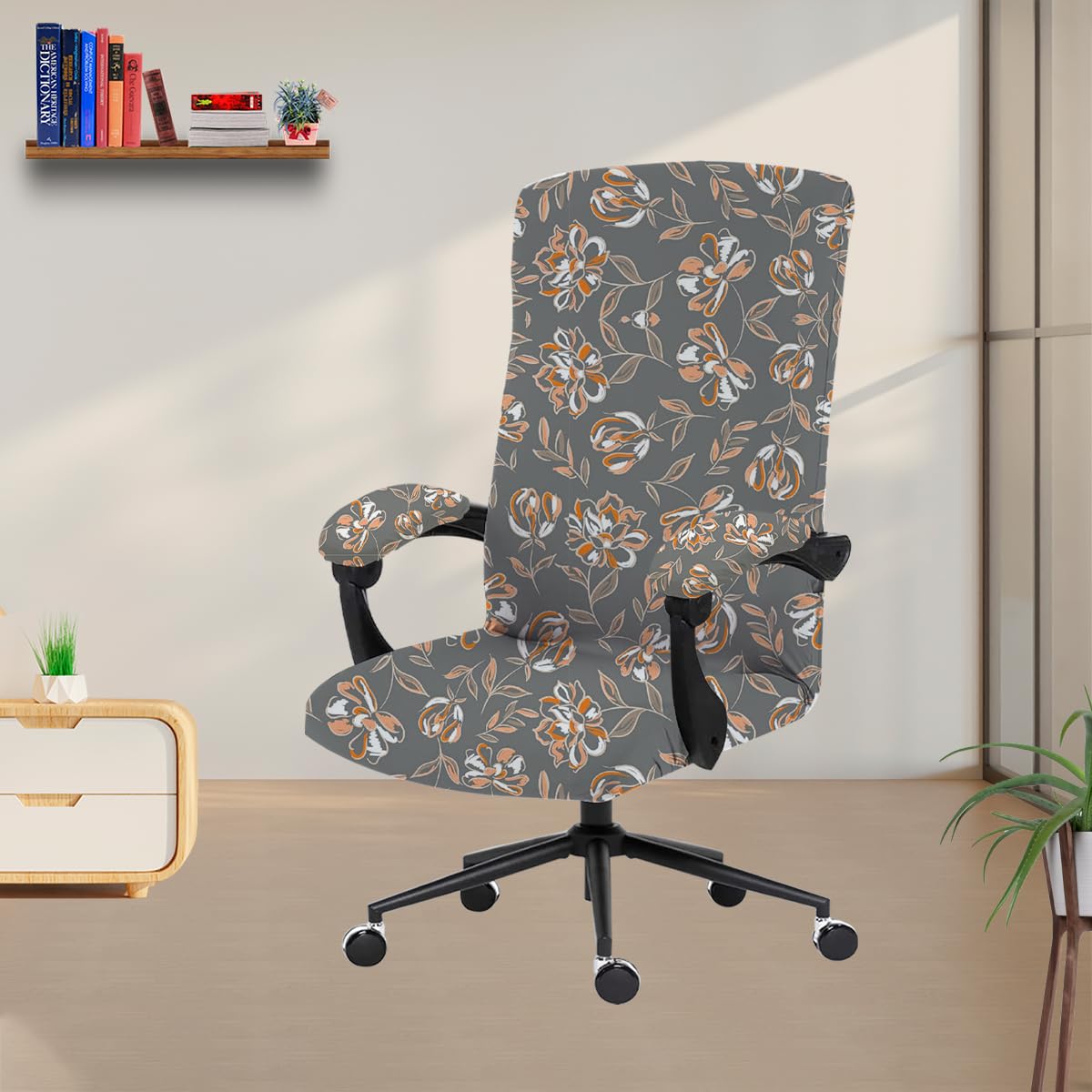 ELEGANTA Stretchable Boss Office Chair Covers with Armrest Covers | Solid and Printed Slipcovers | Grey Flower
