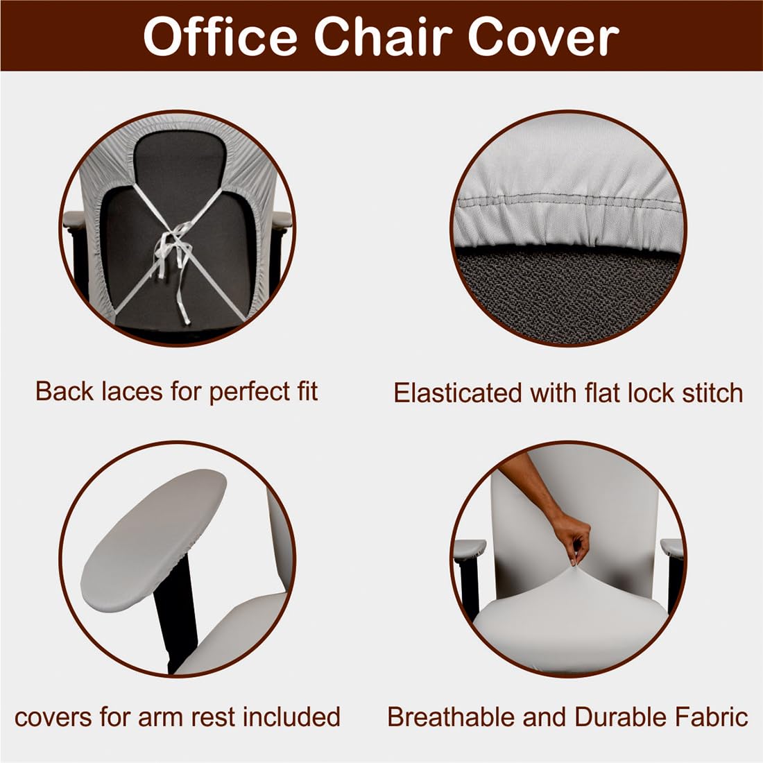 ELEGANTA Stretchable Office Chair Covers with Arm Rest Covers | Removable | Washable | Solid Grey