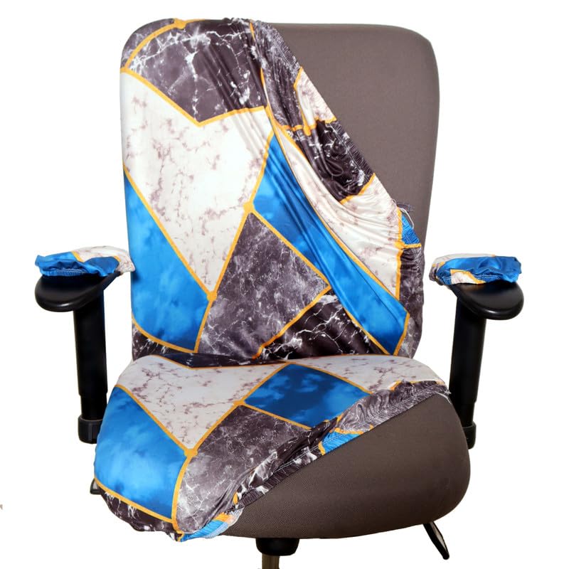 ELEGANTA Stretchable Office Chair Covers with Arm Rest Covers | Removable | Washable | White & Teal Marble