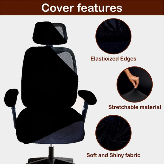 ELEGANTA Stretchable Office Chair Cover Set with Headrest & Armrest Covers | Soft & Washable Office Computer Desk Chair Slipcover | Solid Black