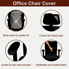 ELEGANTA Stretchable Office Chair Cover Set with Headrest & Armrest Covers | Soft & Washable Office Computer Desk Chair Slipcover | Solid Black
