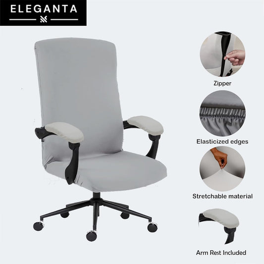 ELEGANTA Stretchable Boss Office Chair Covers with Armrest Covers | Solid and Printed Slipcovers | Solid Grey