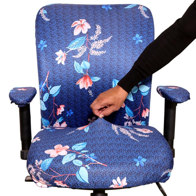 ELEGANTA Stretchable Office Chair Covers with Arm Rest Covers | Removable | Washable | Dark Blue Lotus