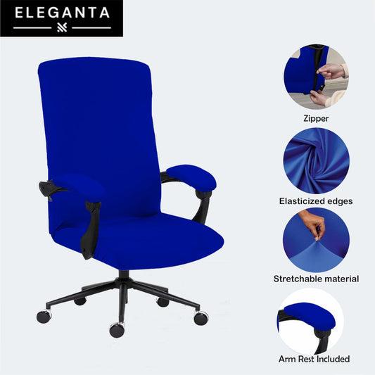 ELEGANTA Stretchable Boss Office Chair Covers with Armrest Covers | Solid and Printed Slipcovers | Royal Blue