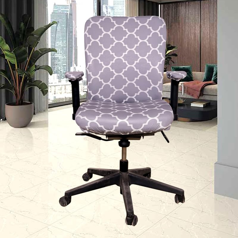 ELEGANTA Stretchable Office Chair Covers with Arm Rest Covers | Removable | Washable | Grey Diamond