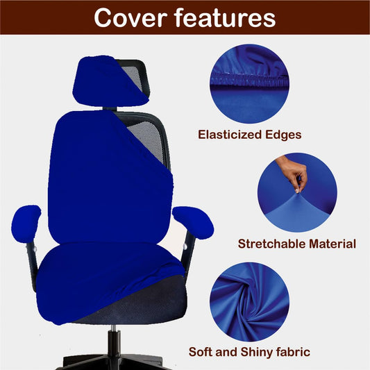ELEGANTA Stretchable Office Chair Cover Set with Headrest & Armrest Covers | Soft & Washable Office Computer Desk Chair Slipcover | Royal Blue