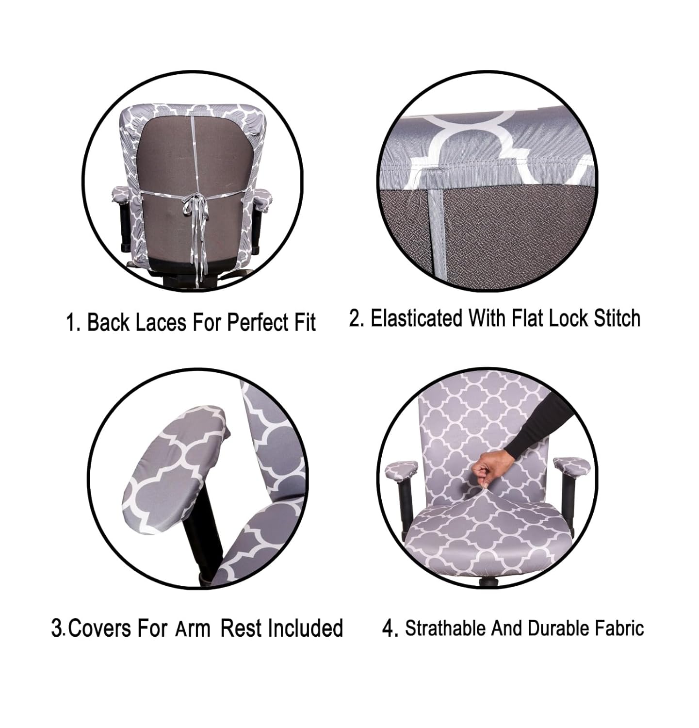ELEGANTA Stretchable Office Chair Covers with Arm Rest Covers | Removable | Washable | Grey Diamond