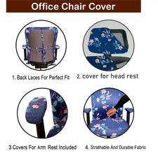 ELEGANTA Stretchable Office Chair Cover Set with Headrest & Armrest Covers | Soft & Washable Office Computer Desk Chair Slipcover | Dark Blue Lotus