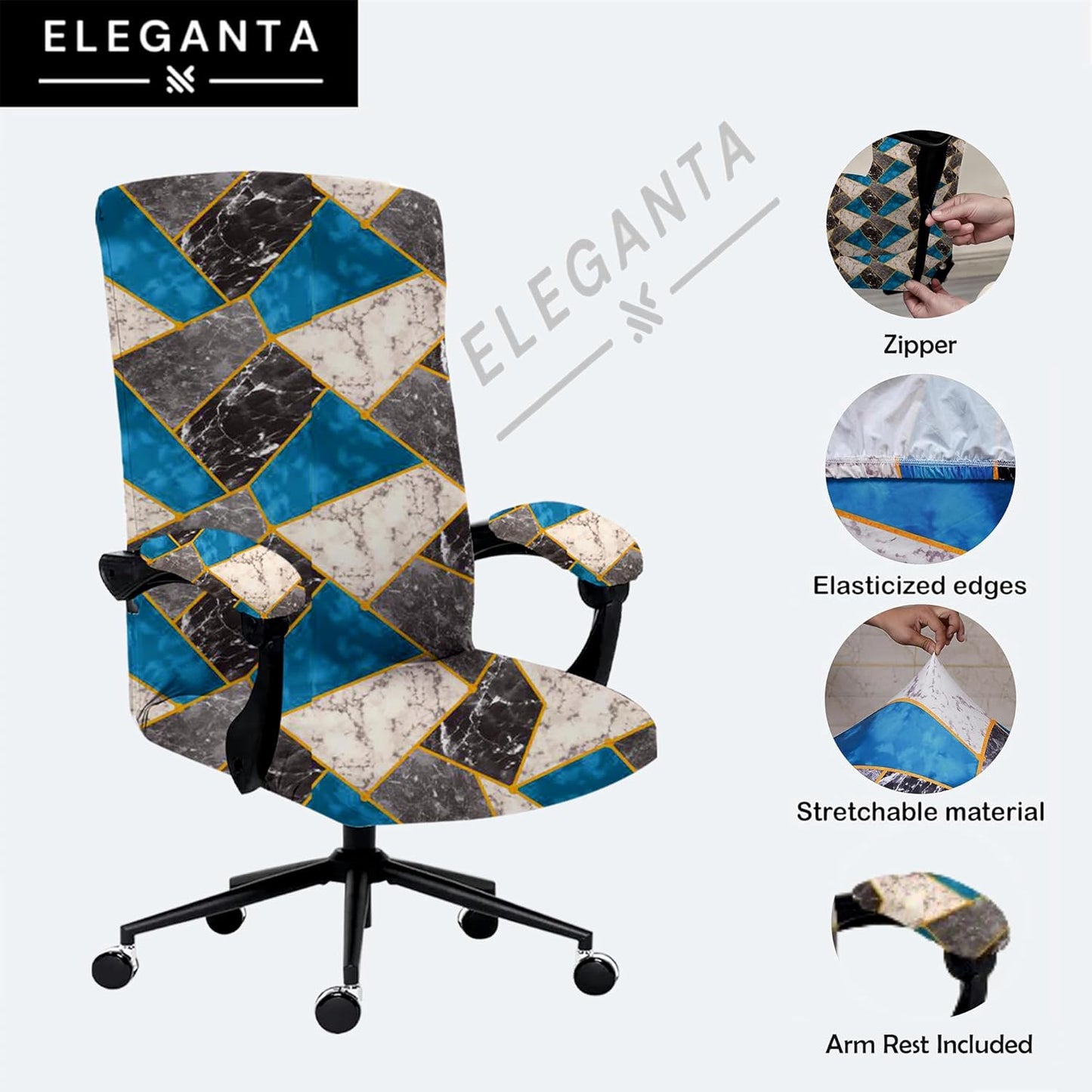 ELEGANTA Stretchable Boss Office Chair Covers with Armrest Covers | Solid and Printed Slipcovers | White & Teal Marble