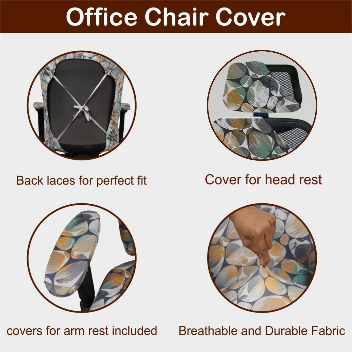 ELEGANTA Stretchable Office Chair Cover Set with Headrest & Armrest Covers | Soft & Washable Office Computer Desk Chair Slipcover | Classic Pebbles
