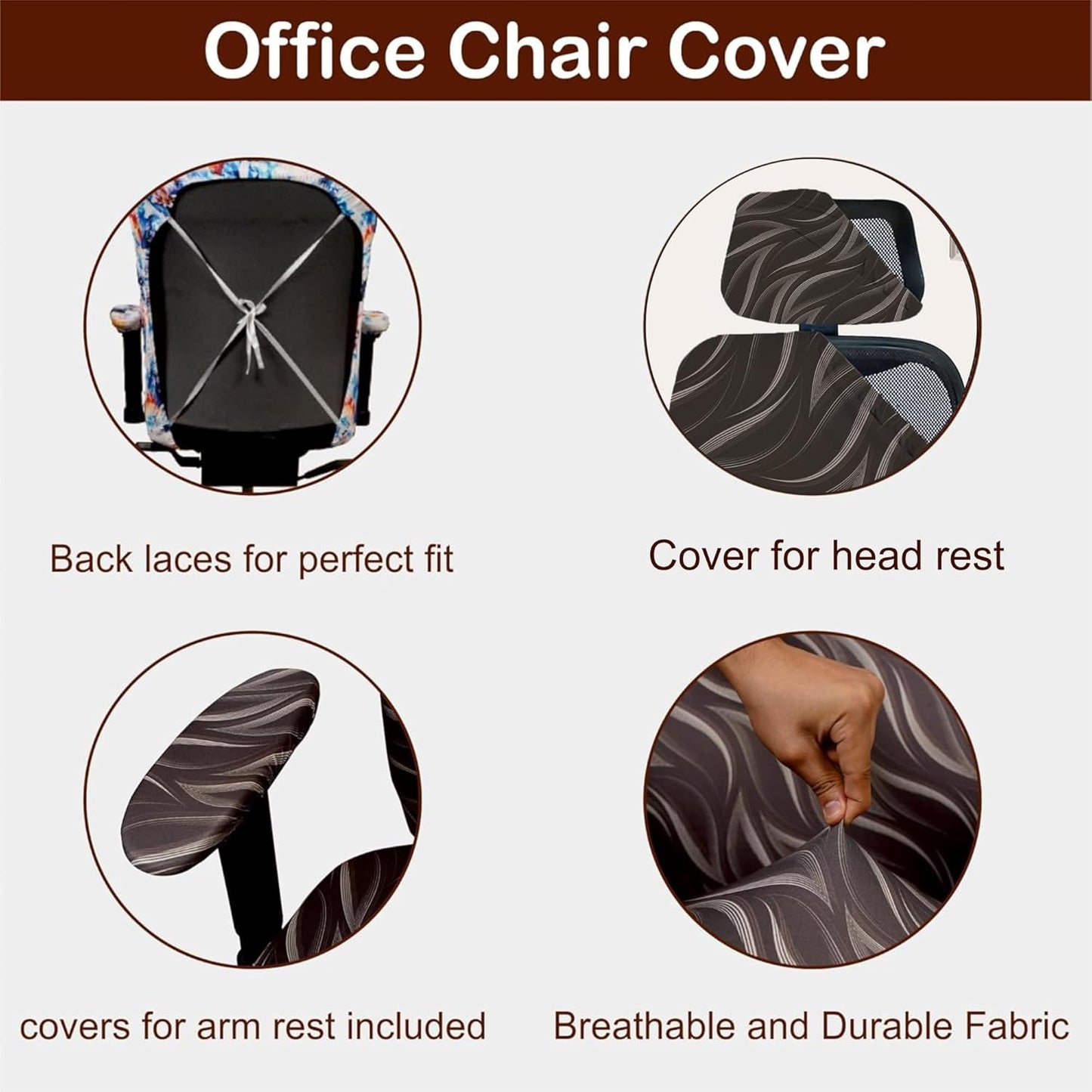 ELEGANTA Stretchable Office Chair Cover Set with Headrest & Armrest Covers | Soft & Washable Office Computer Desk Chair Slipcover | Brown Leaf