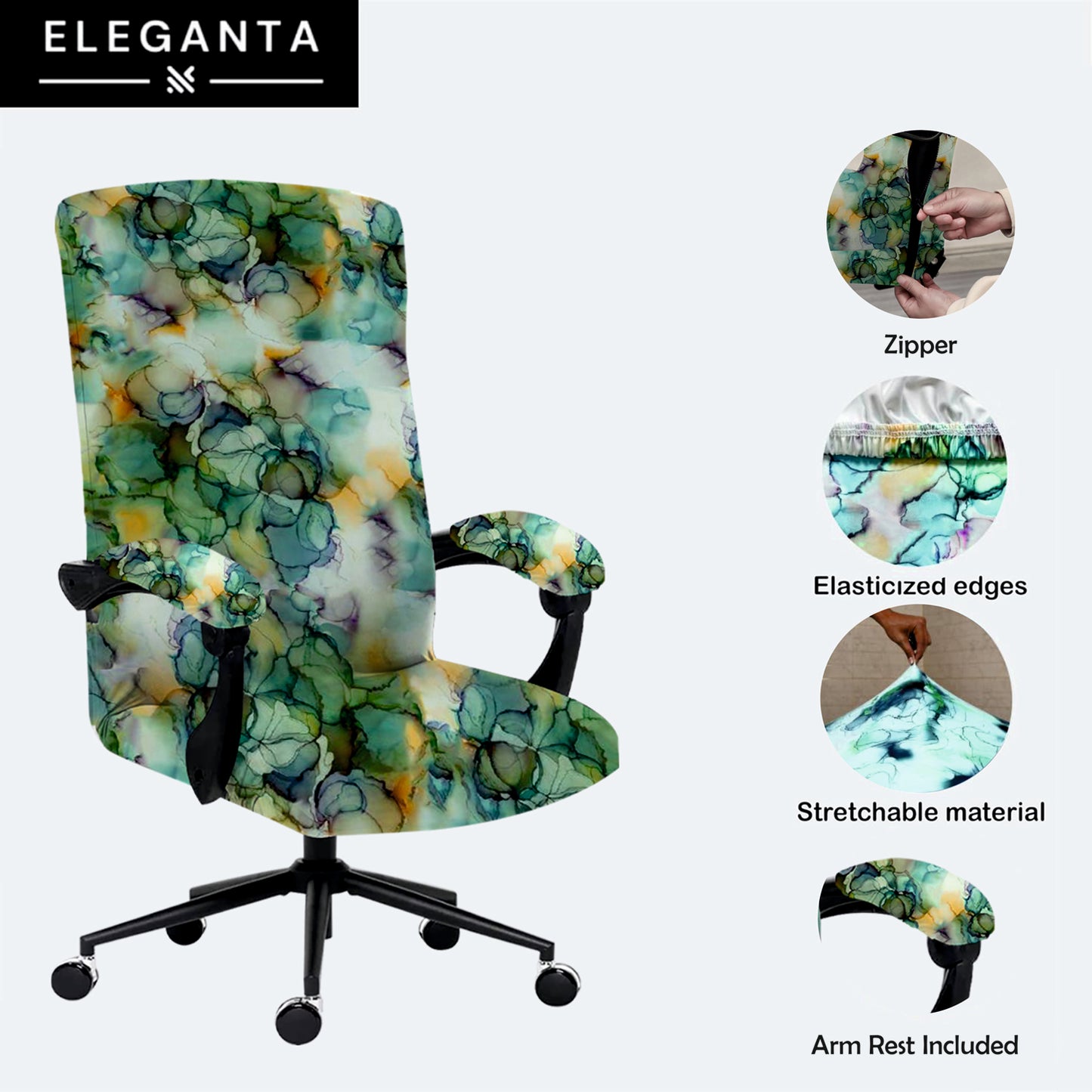 ELEGANTA Stretchable Boss Office Chair Covers with Armrest Covers | Solid and Printed Slipcovers | Marble Green