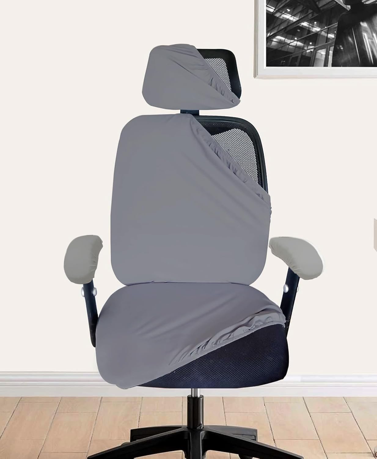 ELEGANTA Stretchable Office Chair Cover Set with Headrest & Armrest Covers | Soft & Washable Office Computer Desk Chair Slipcover | Solid Grey