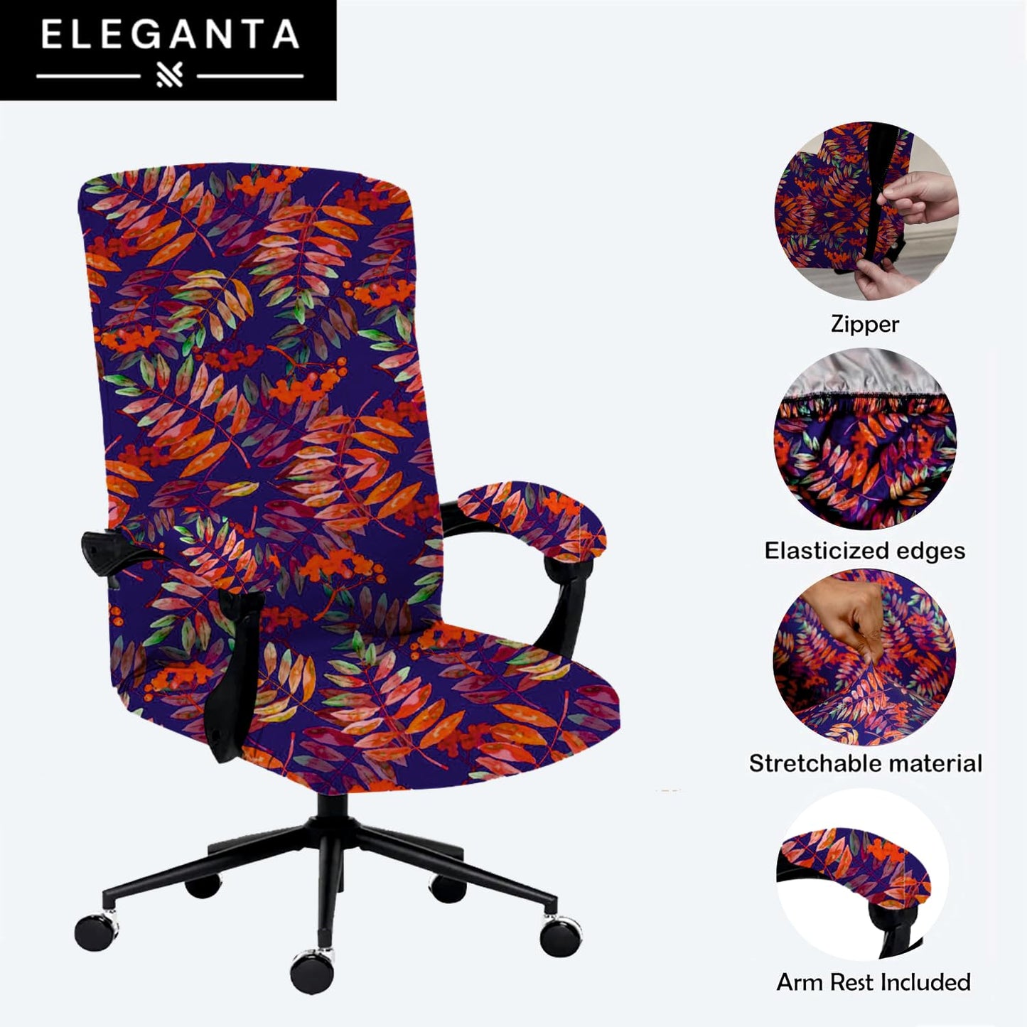 ELEGANTA Stretchable Boss Office Chair Covers with Armrest Covers | Solid and Printed Slipcovers | Red Blue Fern