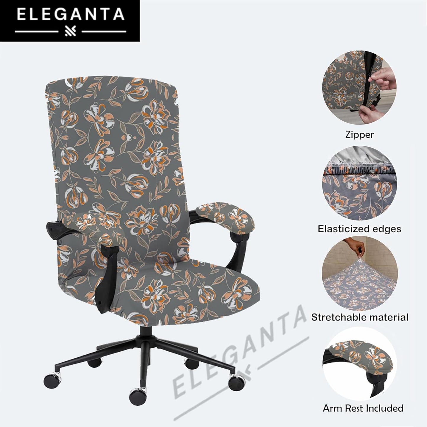 ELEGANTA Stretchable Boss Office Chair Covers with Armrest Covers | Solid and Printed Slipcovers | Grey Flower