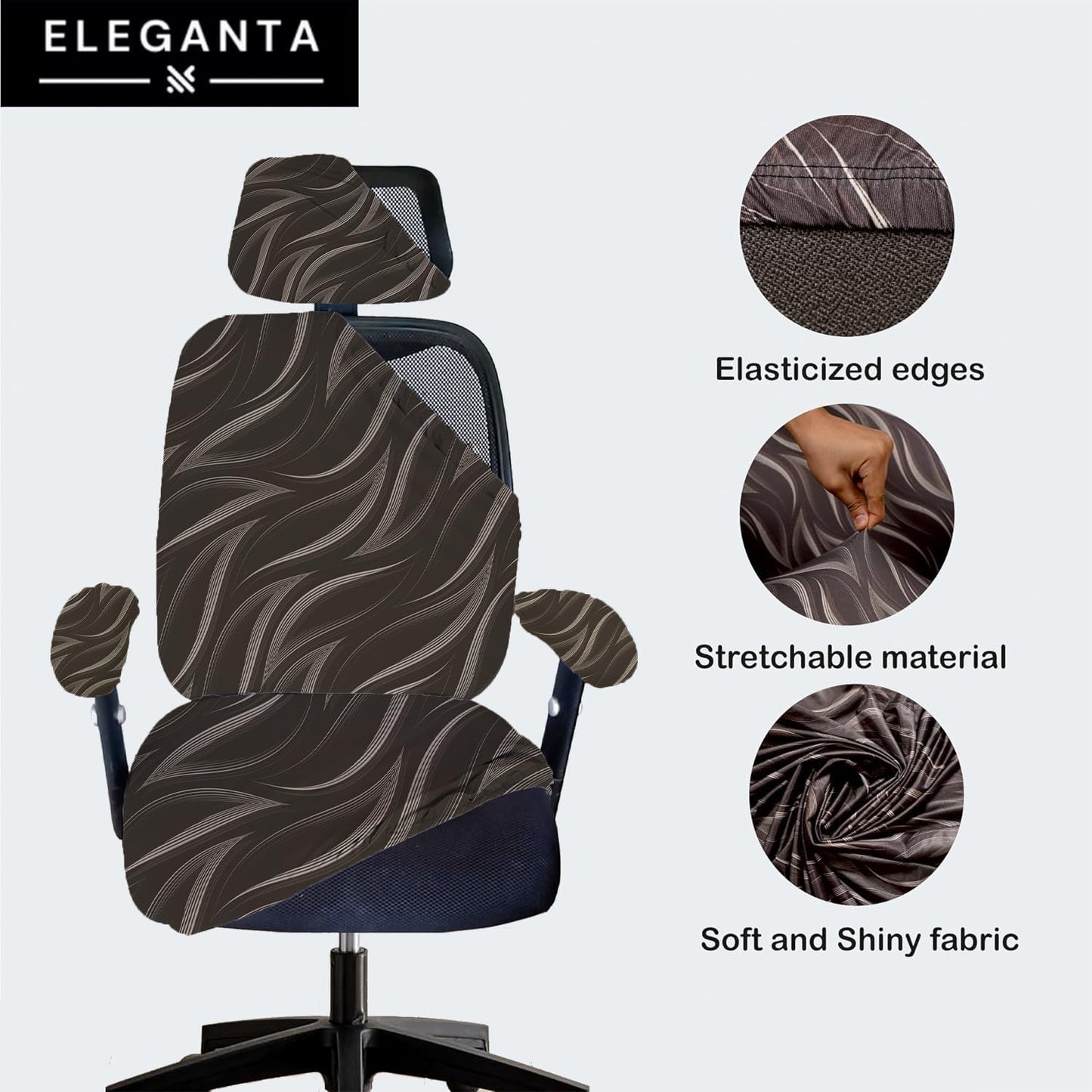 ELEGANTA Stretchable Office Chair Cover Set with Headrest & Armrest Covers | Soft & Washable Office Computer Desk Chair Slipcover | Brown Leaf