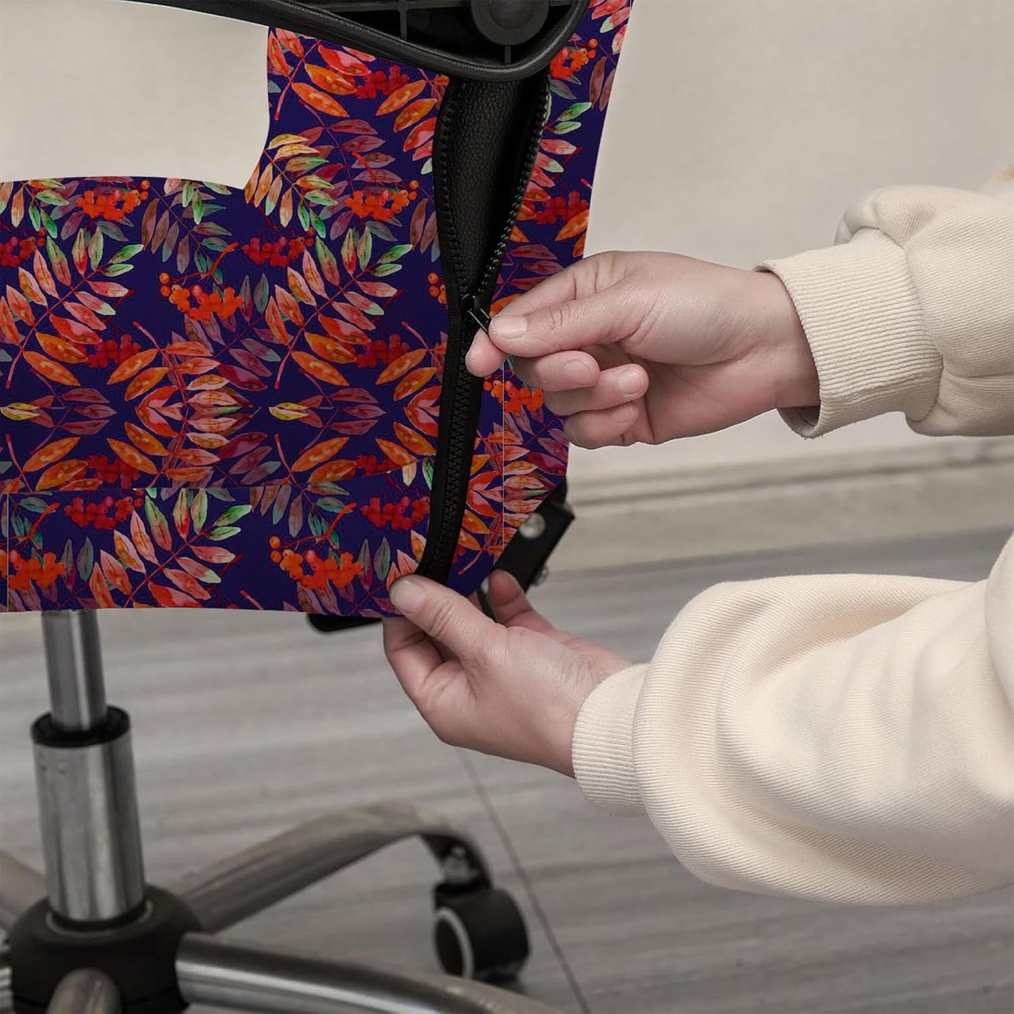 ELEGANTA Stretchable Boss Office Chair Covers with Armrest Covers | Solid and Printed Slipcovers | Red Blue Fern
