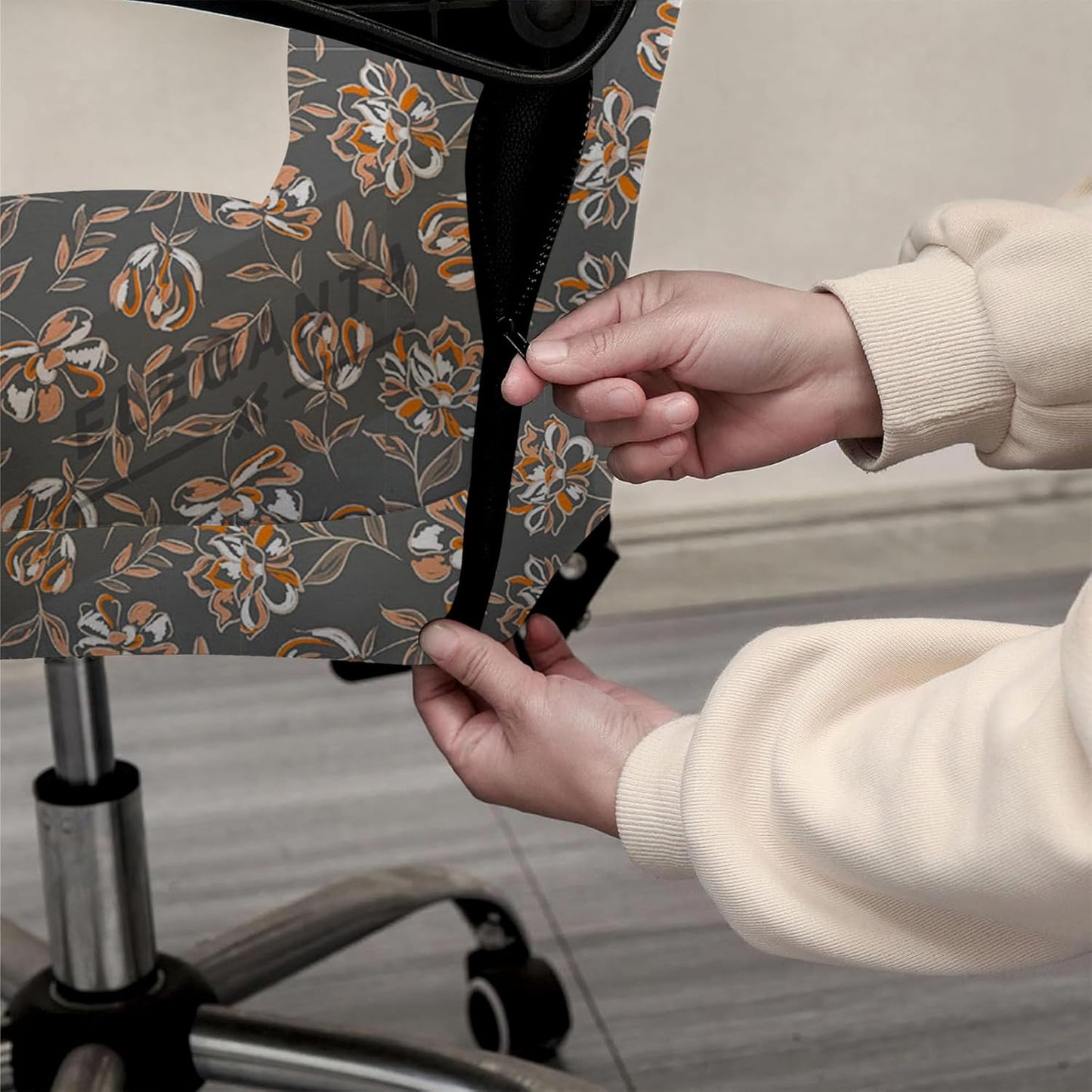 ELEGANTA Stretchable Boss Office Chair Covers with Armrest Covers | Solid and Printed Slipcovers | Grey Flower
