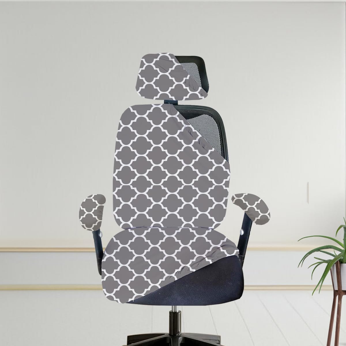 ELEGANTA Stretchable Office Chair Cover Set with Headrest & Armrest Covers | Soft & Washable Office Computer Desk Chair Slipcover | Pack of 1 (Grey Diamond)