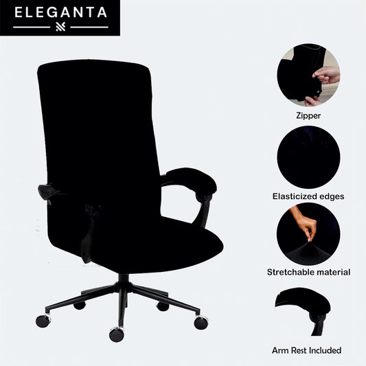 ELEGANTA Stretchable Boss Office Chair Covers with Armrest Covers | Solid and Printed Slipcovers | Solid Black