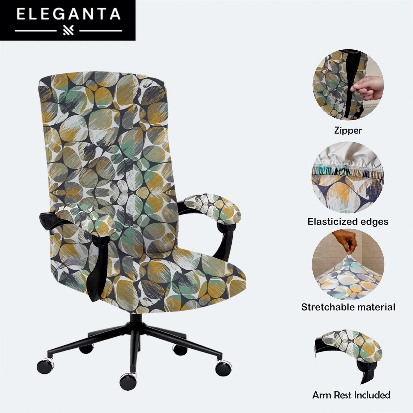 ELEGANTA Stretchable Boss Office Chair Covers with Armrest Covers | Solid and Printed Slipcovers | Classic Pebbles