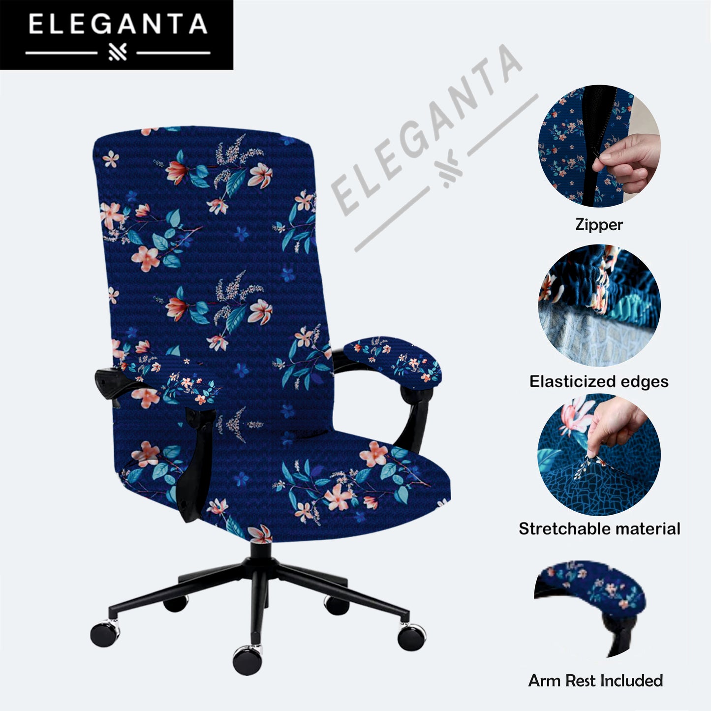 ELEGANTA Stretchable Boss Office Chair Covers with Armrest Covers | Solid and Printed Slipcovers | Dark Blue Lotus