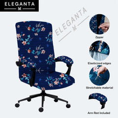 ELEGANTA Executive Office Chair Cover with Armrest Covers - 180 GSM Stretchable & Washable Anti-Slip Chair cover for Big and high backrest office Chair | Dark Blue Lotus