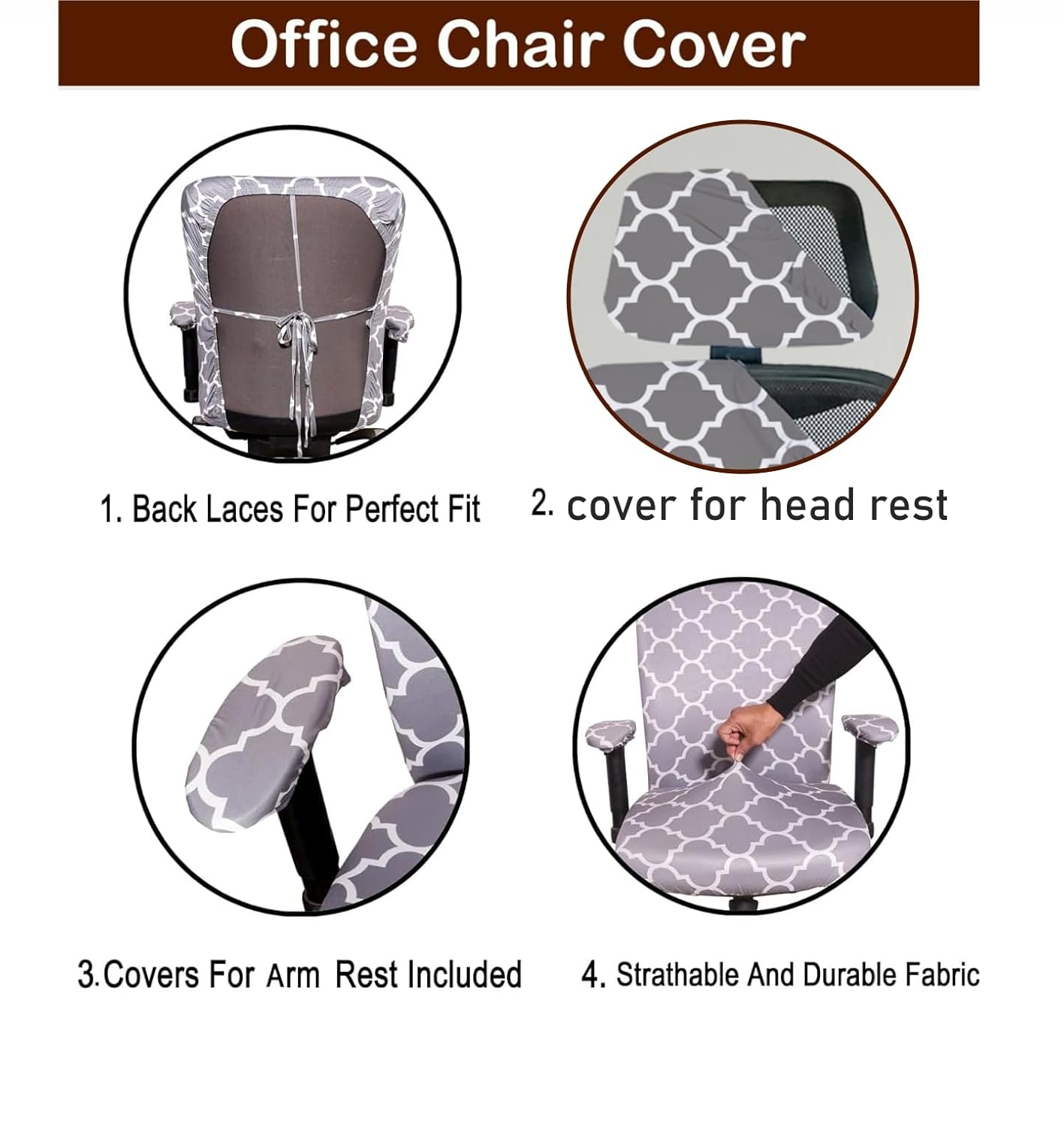 ELEGANTA Stretchable Office Chair Cover Set with Headrest & Armrest Covers | Soft & Washable Office Computer Desk Chair Slipcover | Pack of 1 (Grey Diamond)