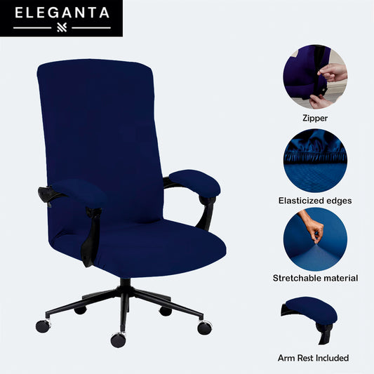 ELEGANTA Stretchable Boss Office Chair Covers with Armrest Covers | Solid and Printed Slipcovers | Navy Blue
