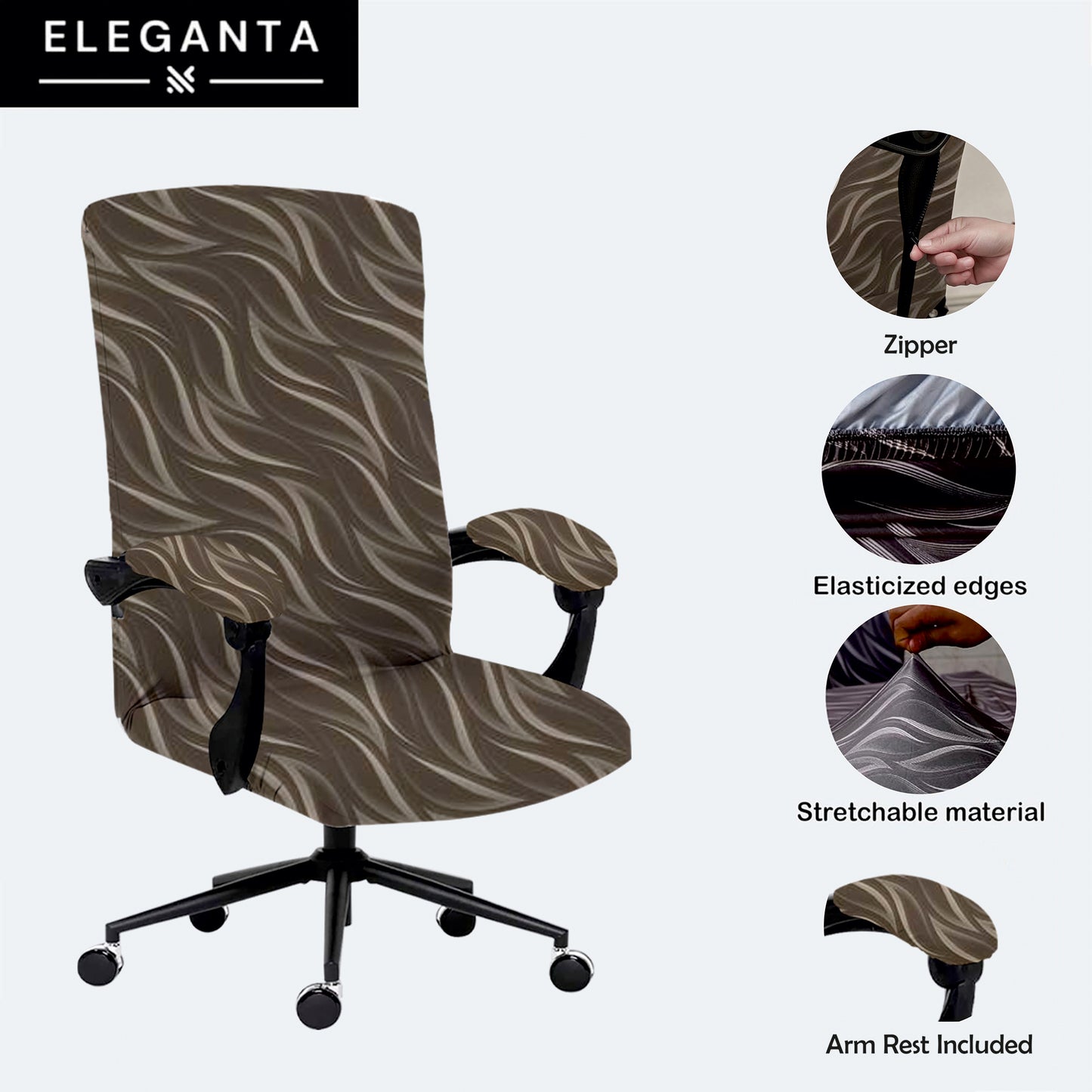 ELEGANTA Stretchable Boss Office Chair Covers with Armrest Covers | Solid and Printed Slipcovers | Brown Leaf