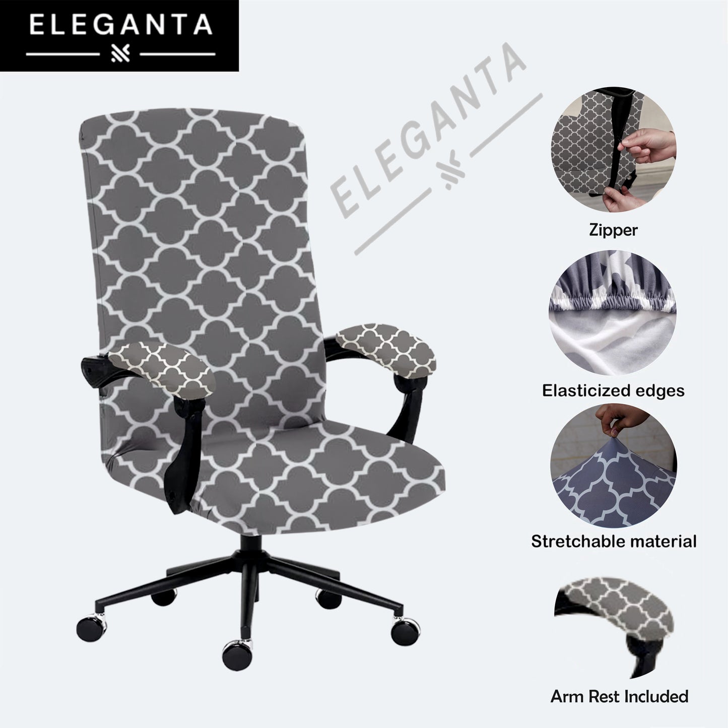 ELEGANTA Stretchable Boss Office Chair Covers with Armrest Covers | Solid and Printed Slipcovers | Grey Diamond