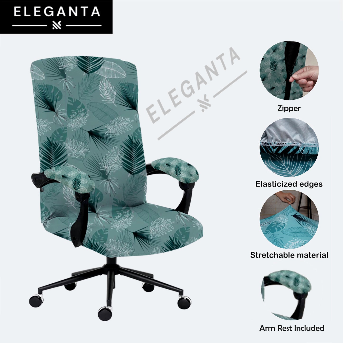 ELEGANTA Stretchable Boss Office Chair Covers with Armrest Covers | Solid and Printed Slipcovers | Light Green Fern