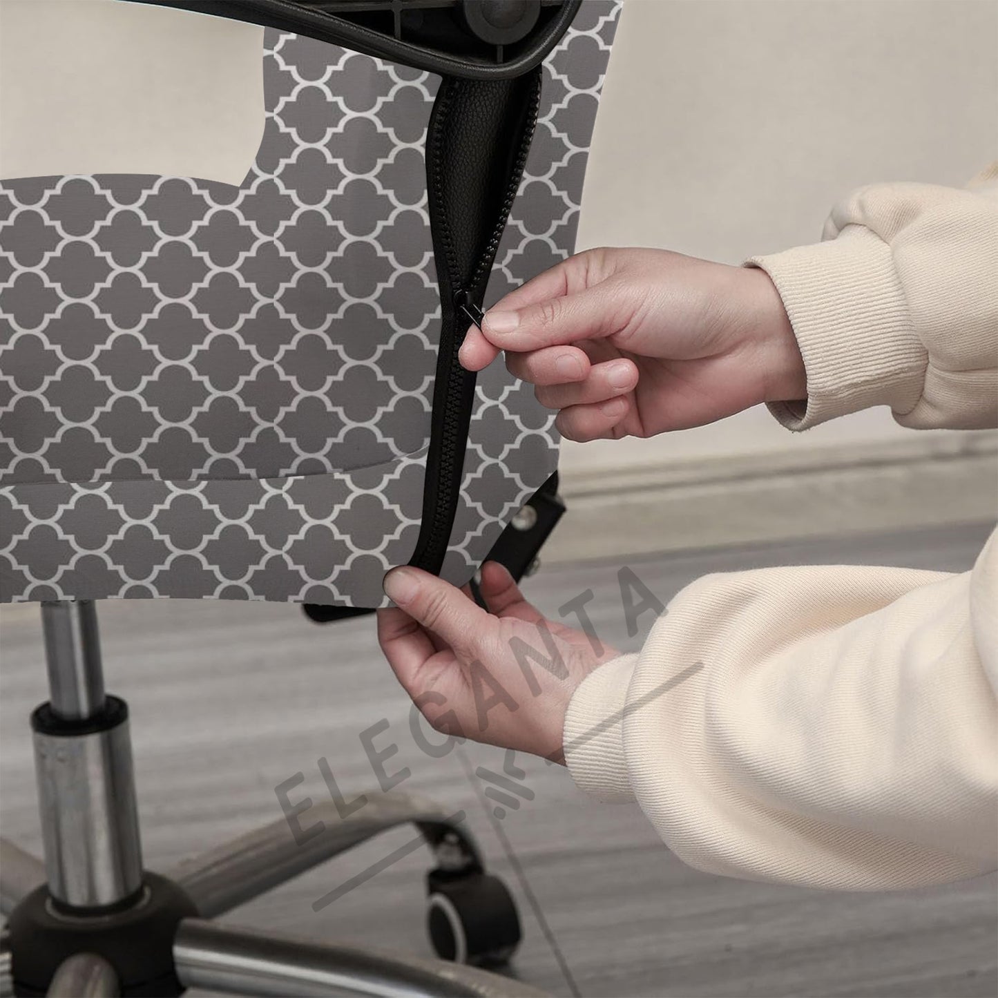 ELEGANTA Stretchable Boss Office Chair Covers with Armrest Covers | Solid and Printed Slipcovers | Grey Diamond