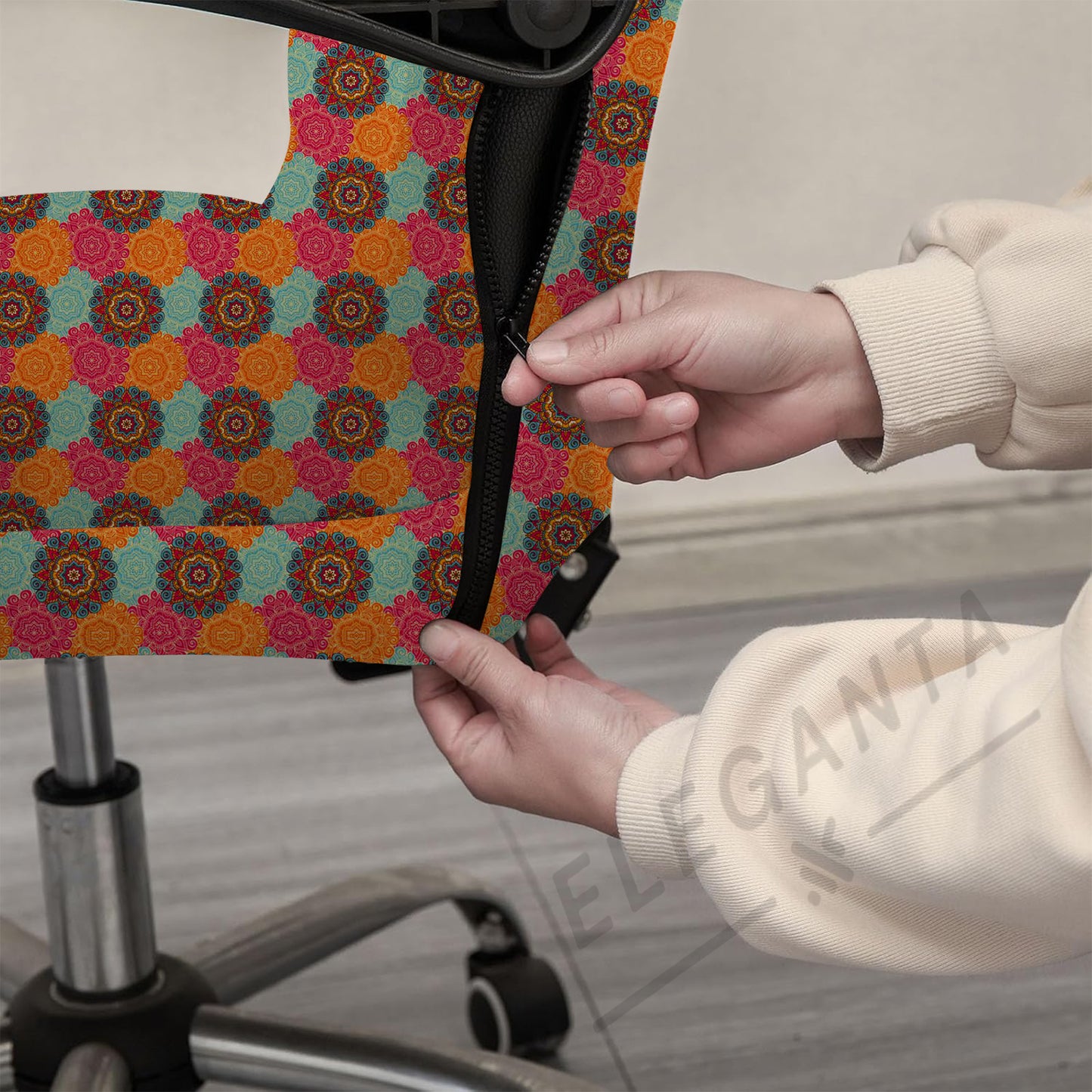 ELEGANTA Stretchable Boss Office Chair Covers with Armrest Covers | Solid and Printed Slipcovers | Multi Mandala