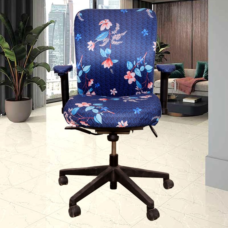 ELEGANTA Stretchable Office Chair Covers with Arm Rest Covers | Removable | Washable | Dark Blue Lotus