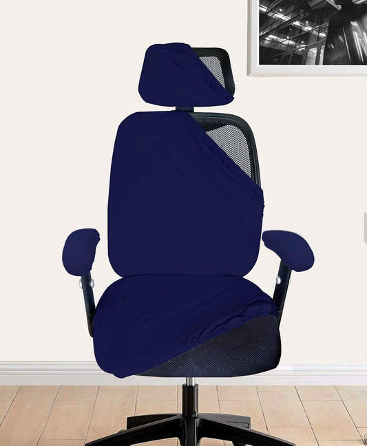 ELEGANTA Stretchable Office Chair Cover Set with Headrest & Armrest Covers | Soft & Washable Office Computer Desk Chair Slipcover | Navy Blue