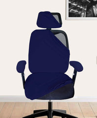 ELEGANTA Stretchable Office Chair Cover Set with Headrest & Armrest Covers | Soft & Washable Office Computer Desk Chair Slipcover | Navy Blue