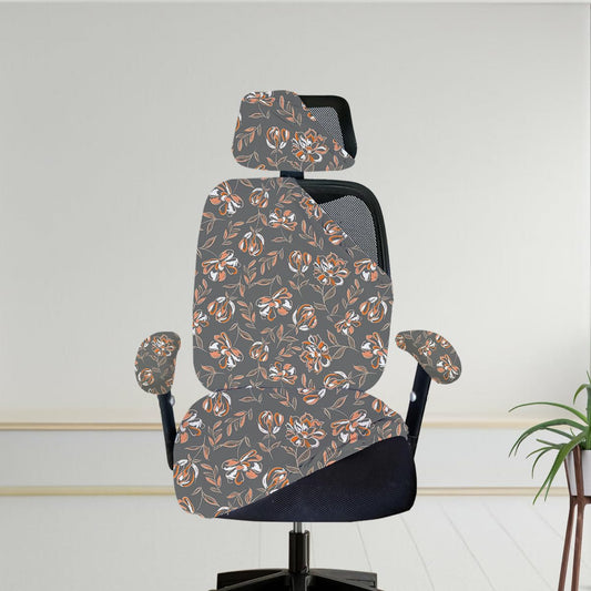 ELEGANTA Stretchable Office Chair Cover Set with Headrest & Armrest Covers | Soft & Washable Office Computer Desk Chair Slipcover | Grey Flower