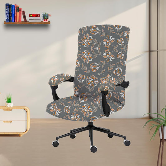 ELEGANTA Stretchable Boss Office Chair Covers with Armrest Covers | Solid and Printed Slipcovers | Grey Flower