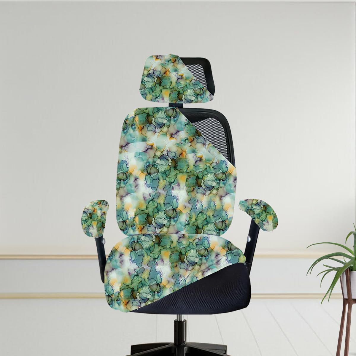 ELEGANTA Stretchable Office Chair Cover Set with Headrest & Armrest Covers | Soft & Washable Office Computer Desk Chair Slipcover | Marble Green
